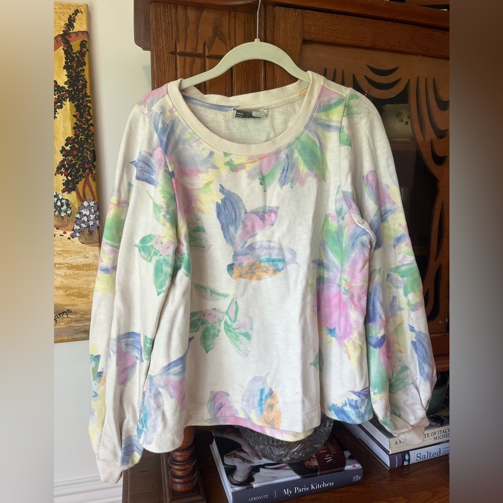 Anthropologie White with Colored Pattern Crewneck